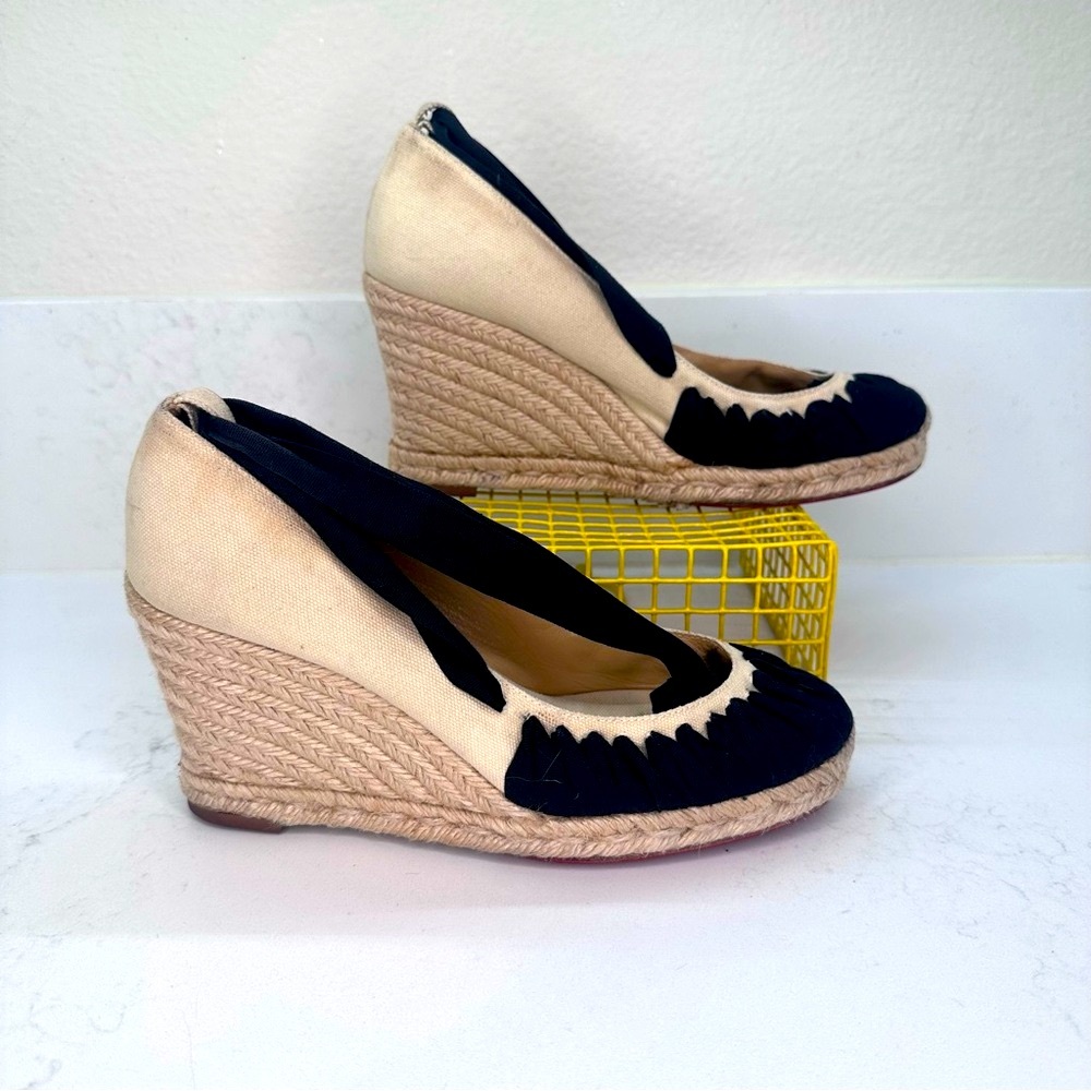 Christian Louboutin Black Satin Ankle Tie Espadrille Wedges - Size 38.5